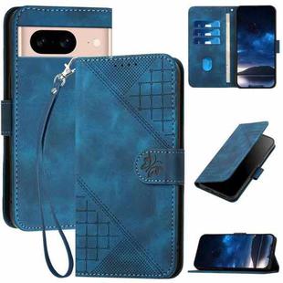 For Google Pixel 8a YX0080 Grid Butterfly Embossed Pattern Flip Leather Phone Case with Lanyard(Dark Blue)