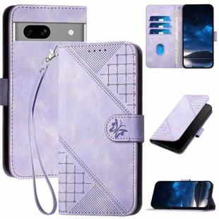 For Google Pixel 7a YX0080 Grid Butterfly Embossed Pattern Flip Leather Phone Case with Lanyard(Light Purple)