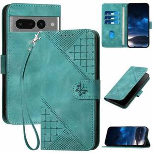 For Google Pixel 7 Pro 5G YX0080 Grid Butterfly Embossed Pattern Flip Leather Phone Case with Lanyard(Light Blue)