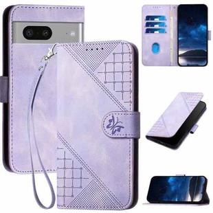 For Google Pixel 7 5G YX0080 Grid Butterfly Embossed Pattern Flip Leather Phone Case with Lanyard(Light Purple)