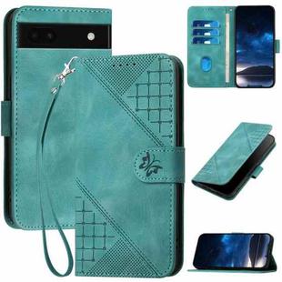 For Google Pixel 6a YX0080 Grid Butterfly Embossed Pattern Flip Leather Phone Case with Lanyard(Light Blue)