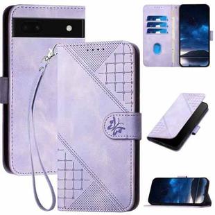 For Google Pixel 6a YX0080 Grid Butterfly Embossed Pattern Flip Leather Phone Case with Lanyard(Light Purple)