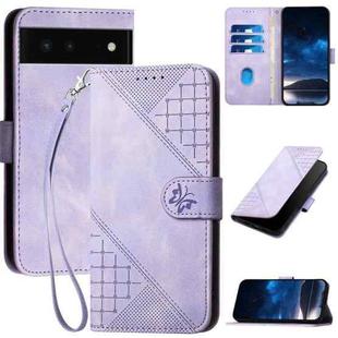 For Google Pixel 6 Grid Butterfly Embossed Pattern Leather Phone Case with Lanyard(Light Purple)