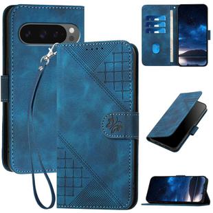 For Google Pixel 10 Pro XL Grid Butterfly Embossed Pattern Leather Phone Case with Lanyard(Dark Blue)