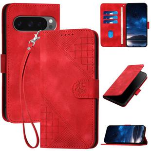 For Google Pixel 10 / Pixel 10 Pro Grid Butterfly Embossed Pattern Leather Phone Case with Lanyard(Red)