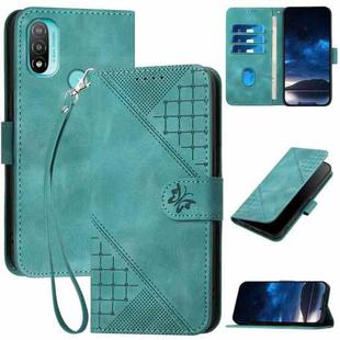 For Motorola Moto E20 4G YX0080 Grid Butterfly Embossed Pattern Flip Leather Phone Case with Lanyard(Light Blue)