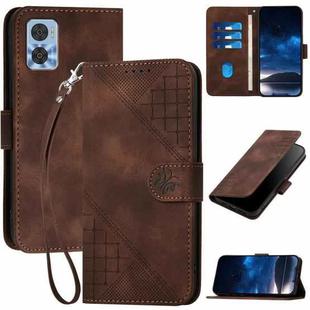 For Motorola Moto E22 YX0080 Grid Butterfly Embossed Pattern Flip Leather Phone Case with Lanyard(Coffee)