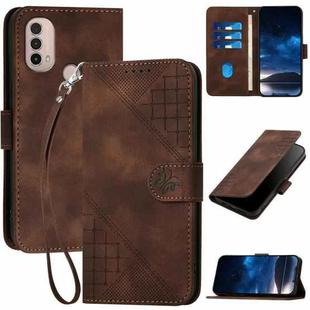 For Motorola Moto E40 / E30 YX0080 Grid Butterfly Embossed Pattern Flip Leather Phone Case with Lanyard(Coffee)