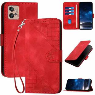 For Motorola Moto G32 YX0080 Grid Butterfly Embossed Pattern Flip Leather Phone Case with Lanyard(Red)