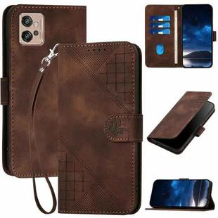 For Motorola Moto G32 YX0080 Grid Butterfly Embossed Pattern Flip Leather Phone Case with Lanyard(Coffee)