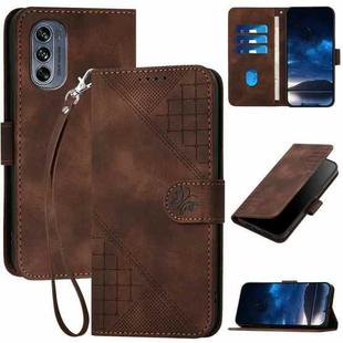 For Motorola Moto G62 5G YX0080 Grid Butterfly Embossed Pattern Flip Leather Phone Case with Lanyard(Coffee)