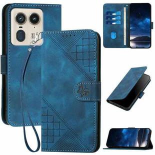 For Motorola Edge 50 Ultra 5G Global YX0080 Grid Butterfly Embossed Pattern Flip Leather Phone Case with Lanyard(Dark Blue)