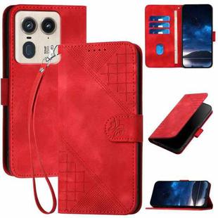 For Motorola Edge 50 Ultra 5G Global YX0080 Grid Butterfly Embossed Pattern Flip Leather Phone Case with Lanyard(Red)