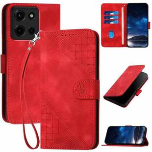 For Motorola Moto G 2025 Grid Butterfly Embossed Pattern Leather Phone Case with Lanyard(Red)