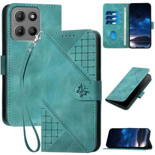 For Motorola Moto G15 Grid Butterfly Embossed Pattern Leather Phone Case with Lanyard(Light Blue)
