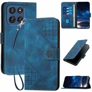 For Motorola Edge 60 Grid Butterfly Embossed Pattern Leather Phone Case with Lanyard(Dark Blue)