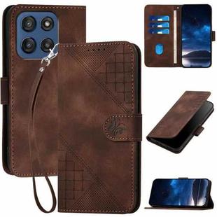 For Motorola Edge 60 Grid Butterfly Embossed Pattern Leather Phone Case with Lanyard(Coffee)