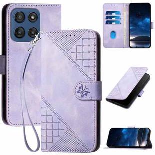 For Motorola Edge 60 Grid Butterfly Embossed Pattern Leather Phone Case with Lanyard(Light Purple)