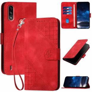 For Motorola Moto E7 Power Grid Butterfly Embossed Pattern Leather Phone Case with Lanyard(Red)