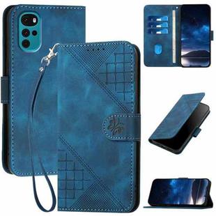 For Motorola Moto G22 Grid Butterfly Embossed Pattern Leather Phone Case with Lanyard(Dark Blue)