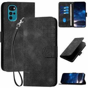 For Motorola Moto G22 Grid Butterfly Embossed Pattern Leather Phone Case with Lanyard(Black)