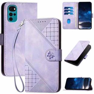 For Motorola Moto G22 Grid Butterfly Embossed Pattern Leather Phone Case with Lanyard(Light Purple)