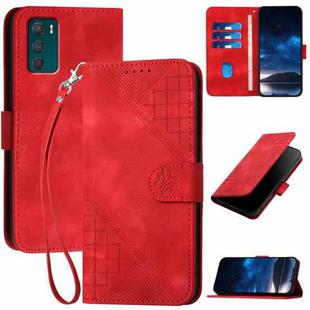 For Motorola Moto G42 Grid Butterfly Embossed Pattern Leather Phone Case with Lanyard(Red)