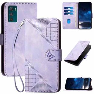 For Motorola Moto G42 Grid Butterfly Embossed Pattern Leather Phone Case with Lanyard(Light Purple)