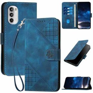 For Motorola Moto G52 Grid Butterfly Embossed Pattern Leather Phone Case with Lanyard(Dark Blue)