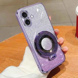 For iPhone 16 Plus Plated Gradient Glitter Round Holder TPU Phone Case(Purple)