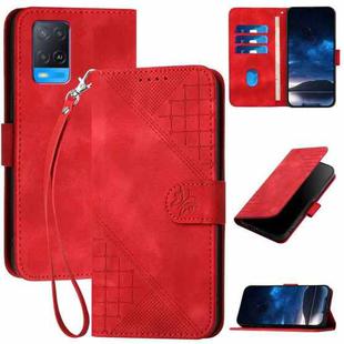 For OPPO A54 5G / A74 5G YX0080 Grid Butterfly Embossed Pattern Flip Leather Phone Case with Lanyard(Red)