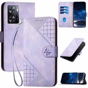 For OPPO A57 4G Grid Butterfly Embossed Pattern Leather Phone Case with Lanyard(Light Purple)