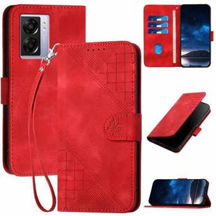 For OPPO A57s 4G Global Grid Butterfly Embossed Pattern Leather Phone Case with Lanyard(Red)