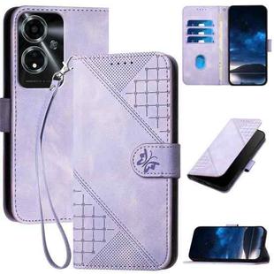 For OPPO A59 5G YX0080 Grid Butterfly Embossed Pattern Flip Leather Phone Case with Lanyard(Light Purple)