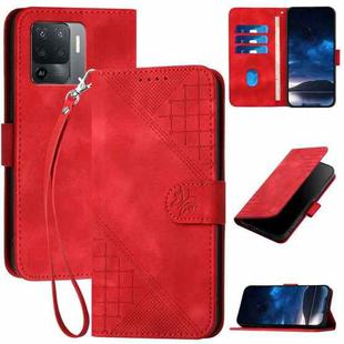 For OPPO A94 4G / F19 Pro 4G Grid Butterfly Embossed Pattern Leather Phone Case with Lanyard(Red)