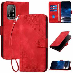 For OPPO A94 5G / F19 Pro Grid Butterfly Embossed Pattern Leather Phone Case with Lanyard(Red)