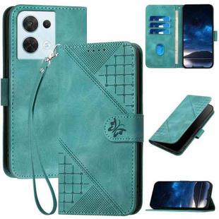 For OPPO Reno8 5G Global YX0080 Grid Butterfly Embossed Pattern Flip Leather Phone Case with Lanyard(Light Blue)