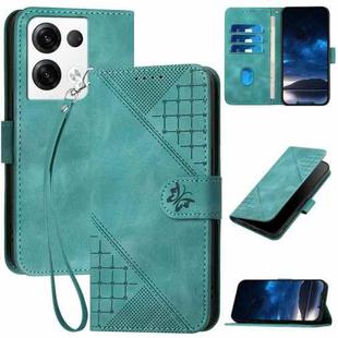 For OPPO Reno8 Pro 5G Global Grid Butterfly Embossed Pattern Leather Phone Case with Lanyard(Light Blue)