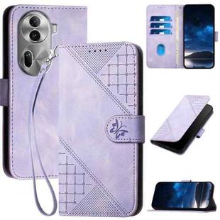 For OPPO Reno11 Pro Global YX0080 Grid Butterfly Embossed Pattern Flip Leather Phone Case with Lanyard(Light Purple)