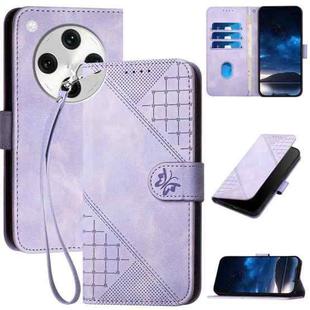 For OPPO Find X8 Pro Grid Butterfly Embossed Pattern Leather Phone Case with Lanyard(Light Purple)