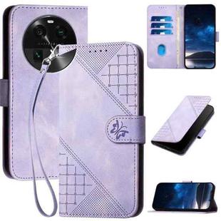 For OPPO Find X6 Grid Butterfly Embossed Pattern Leather Phone Case with Lanyard(Light Purple)