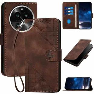 For OPPO Find X6 Pro Grid Butterfly Embossed Pattern Leather Phone Case with Lanyard(Coffee)