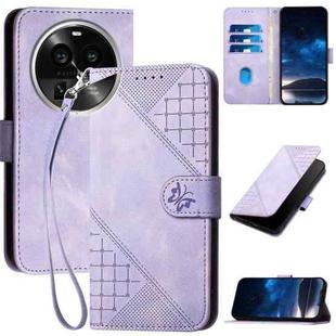 For OPPO Find X6 Pro Grid Butterfly Embossed Pattern Leather Phone Case with Lanyard(Light Purple)