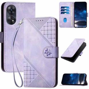 For OPPO Reno8 T 4G Grid Butterfly Embossed Pattern Leather Phone Case with Lanyard(Light Purple)