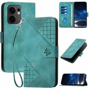 For OPPO Reno13 F 4G / 5G Grid Butterfly Embossed Pattern Leather Phone Case with Lanyard(Light Blue)