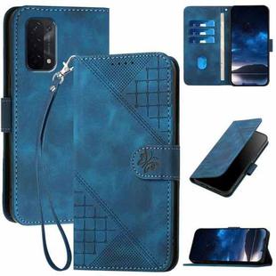 For OPPO A54 5G / A74 5G / A93 5G Grid Butterfly Embossed Pattern Leather Phone Case with Lanyard(Dark Blue)