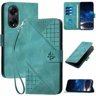 For OPPO A98 5G Grid Butterfly Embossed Pattern Leather Phone Case with Lanyard(Light Blue)