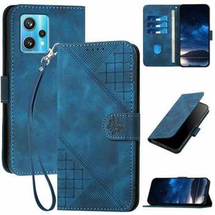 For Realme 9 Pro+ YX0080 Grid Butterfly Embossed Pattern Flip Leather Phone Case with Lanyard(Dark Blue)