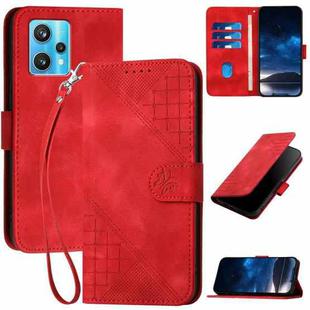 For Realme 9 Pro+ YX0080 Grid Butterfly Embossed Pattern Flip Leather Phone Case with Lanyard(Red)