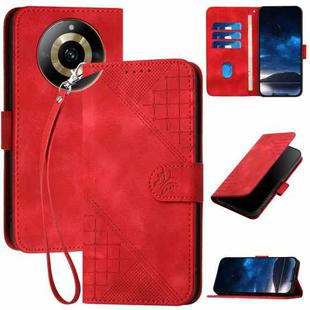 For Realme 11 5G Global Grid Butterfly Embossed Pattern Leather Phone Case with Lanyard(Red)